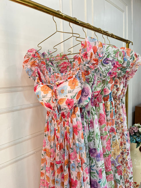 Spring Floral Square Neck Long Maxi Dress